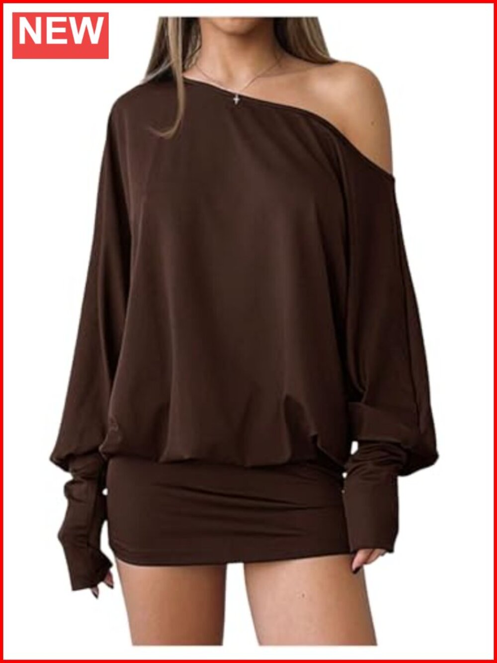 Women's Off Shoulder Long Sleeve Bodycon Mini Dress with Thumb Holes